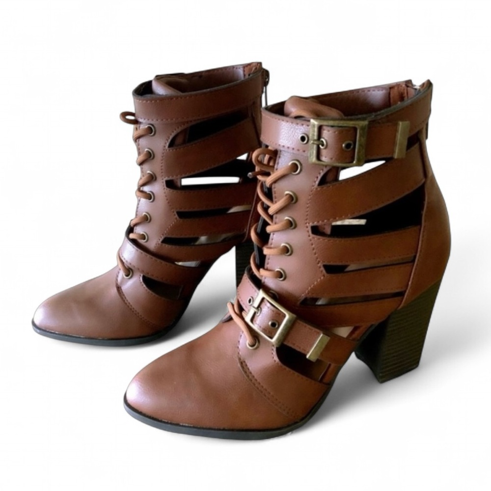 Cut-Out Lace Up High Heeled Ankle Booties Brown Chestnut Women’s Sizes NIB - Picture 6 of 13